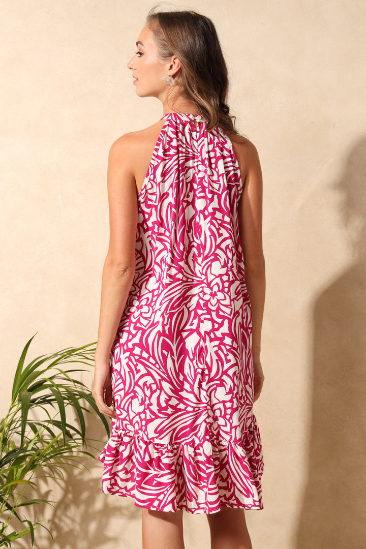 Printed Halter Neck Frill Hi Lo Mini Dress - White/Magenta