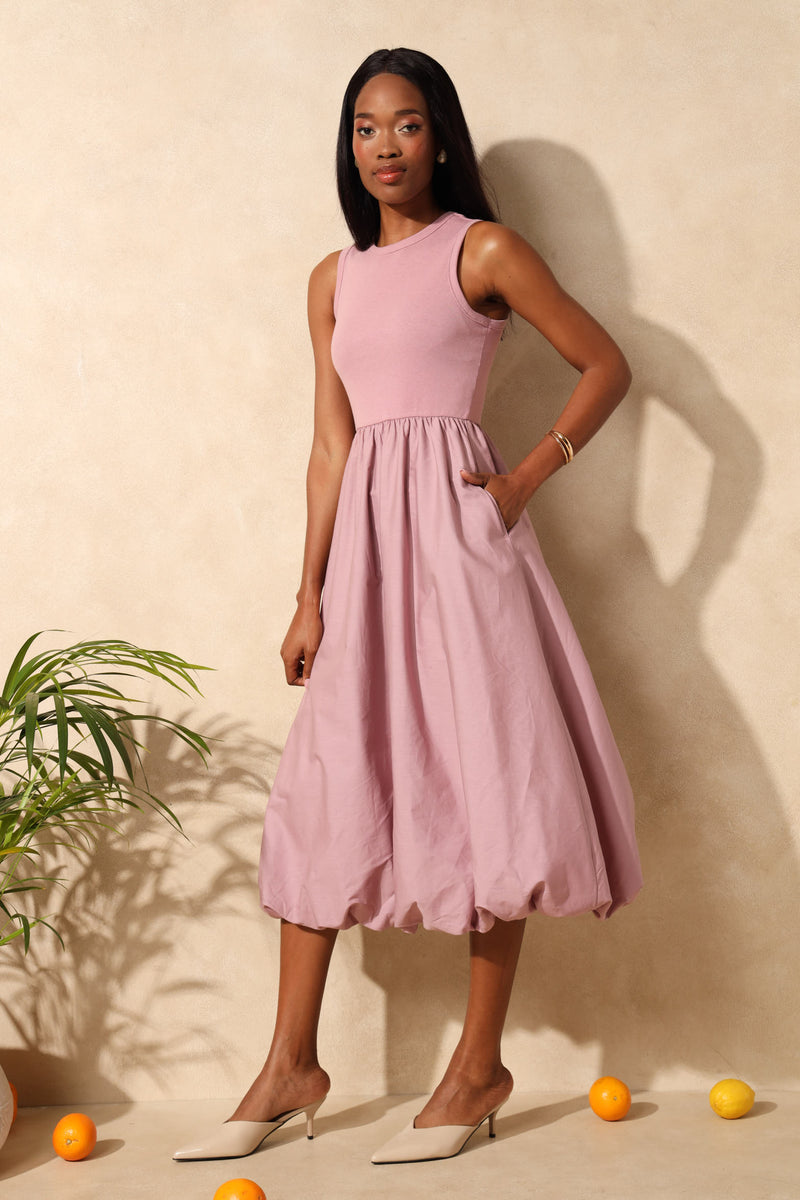 Rib Combo Bubble Hem Midi Dress - Dusty Pink
