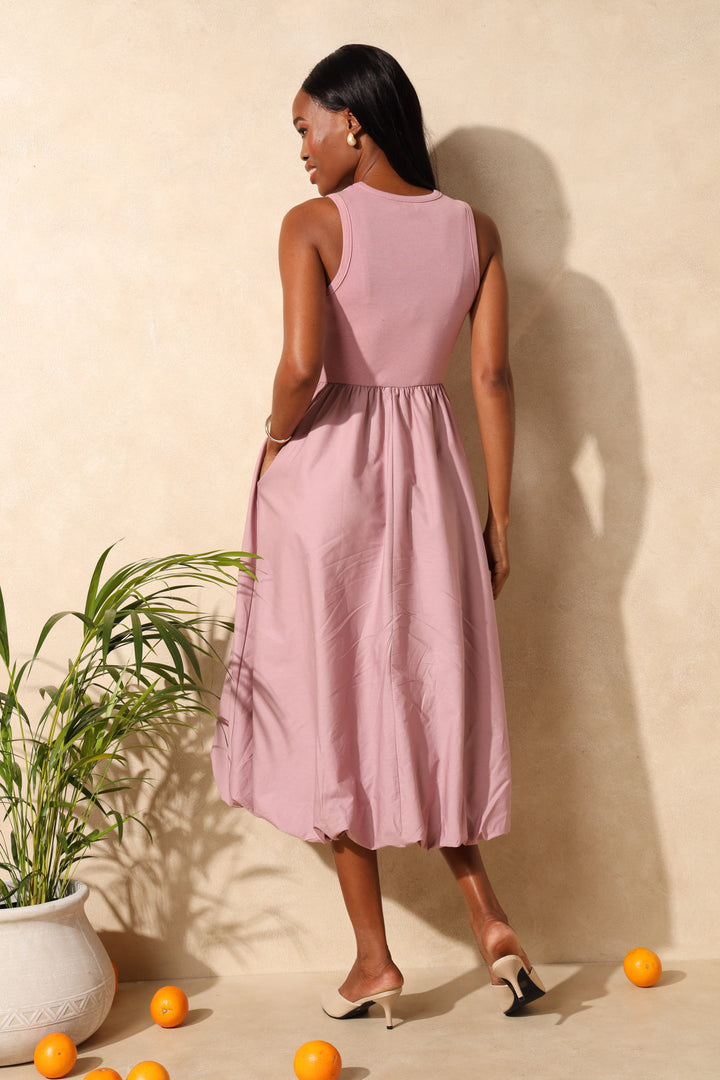 Rib Combo Bubble Hem Midi Dress - Dusty Pink