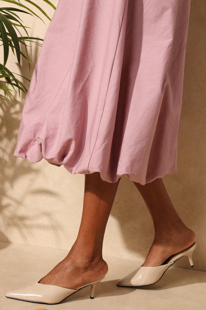 Rib Combo Bubble Hem Midi Dress - Dusty Pink