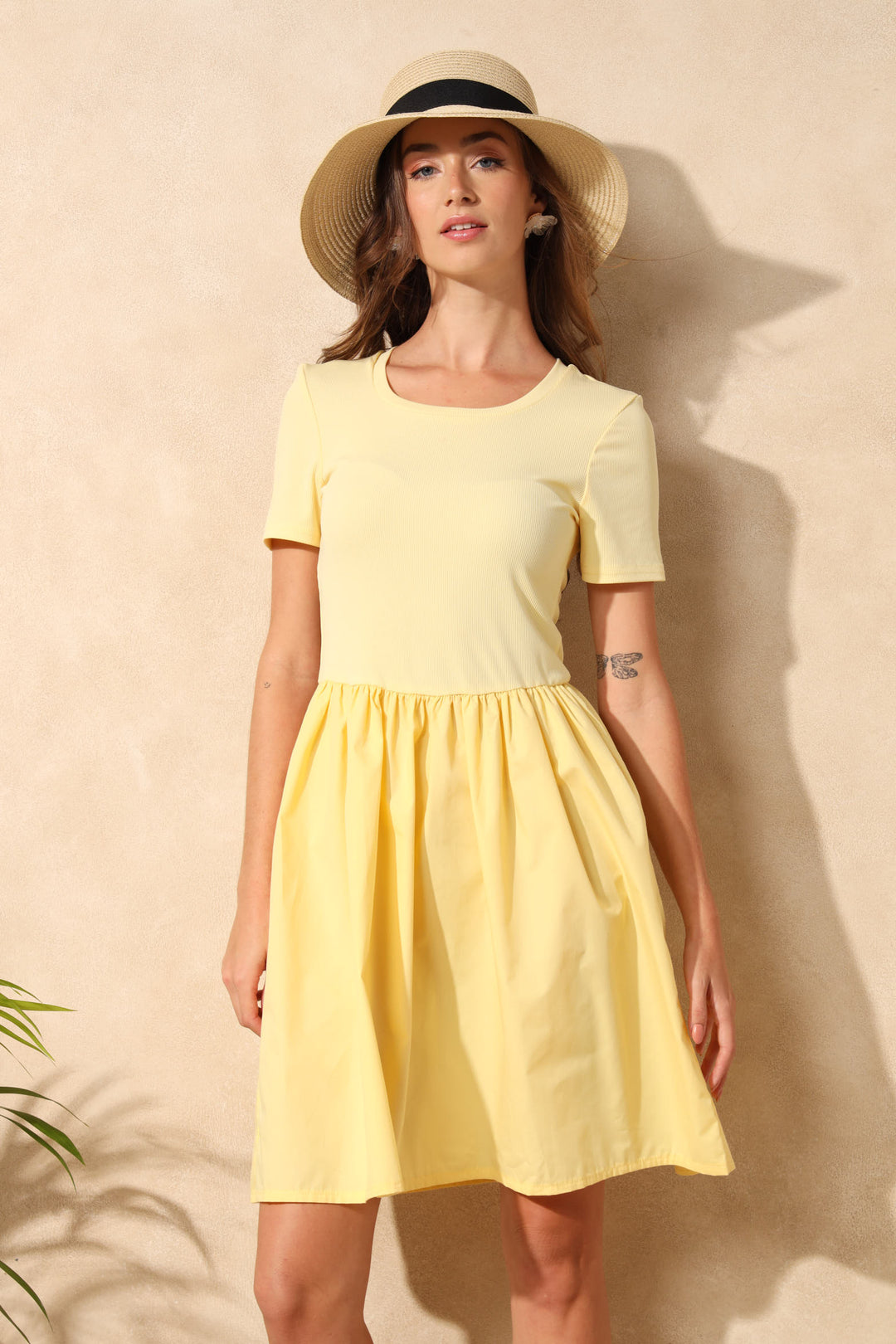 Rib Combo Babydoll Mini Dress - Light Yellow