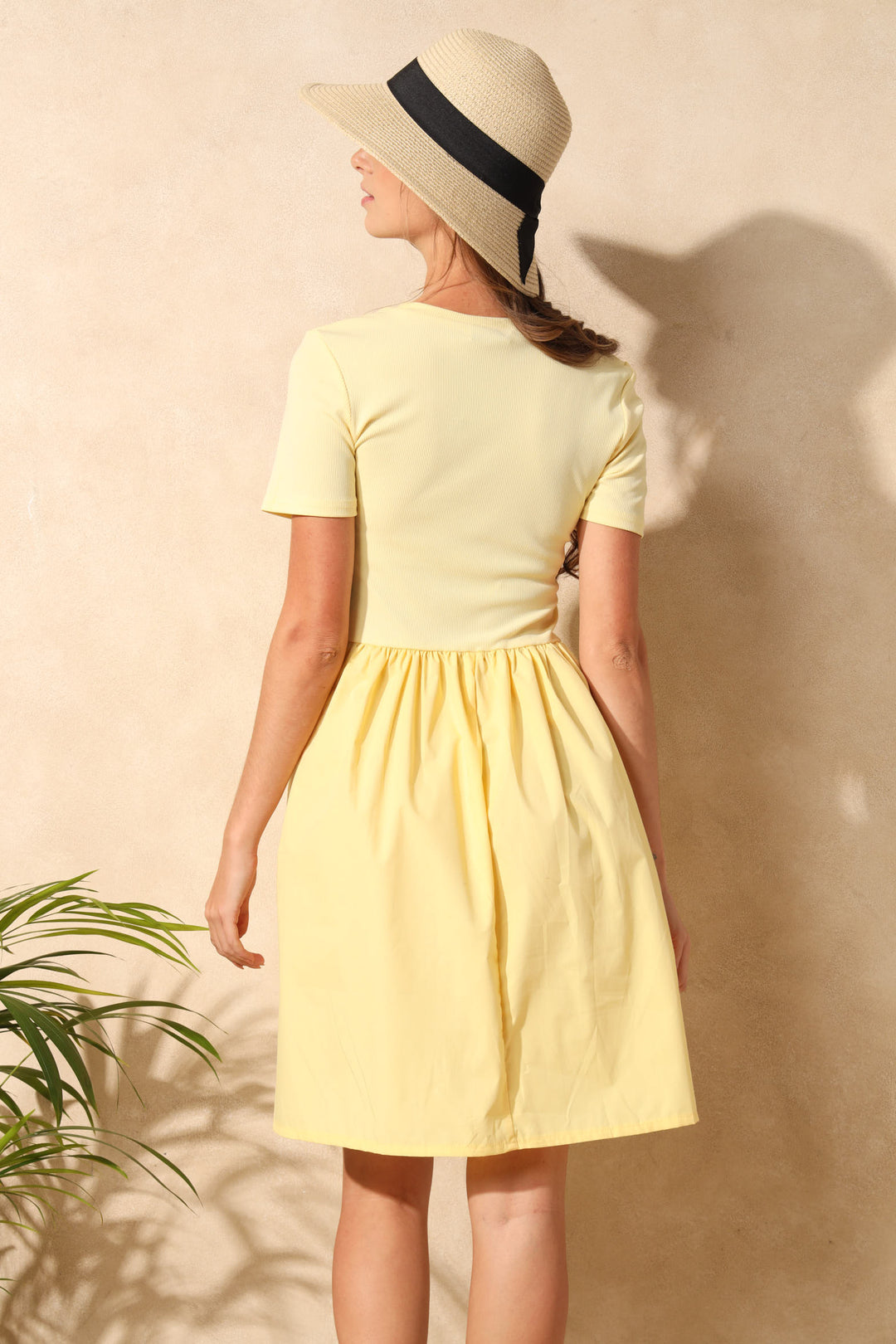 Rib Combo Babydoll Mini Dress - Light Yellow