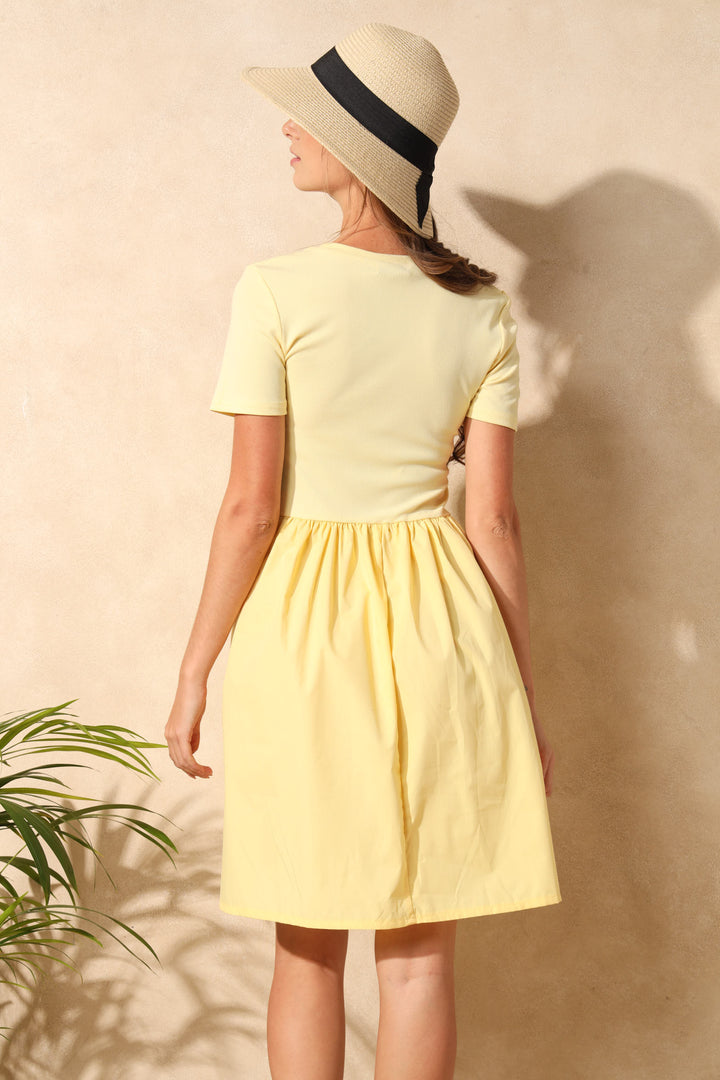 Rib Combo Babydoll Mini Dress - Light Yellow
