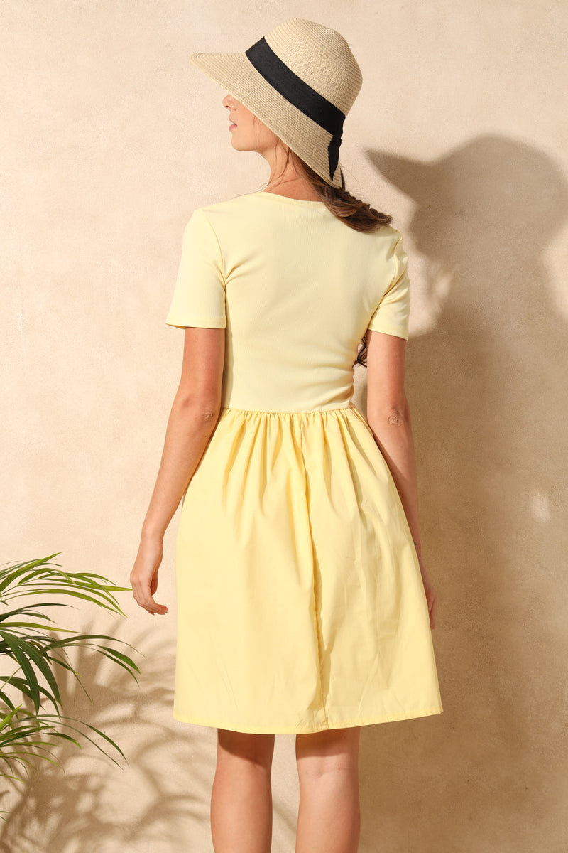 Rib Combo Babydoll Mini Dress - Light Yellow