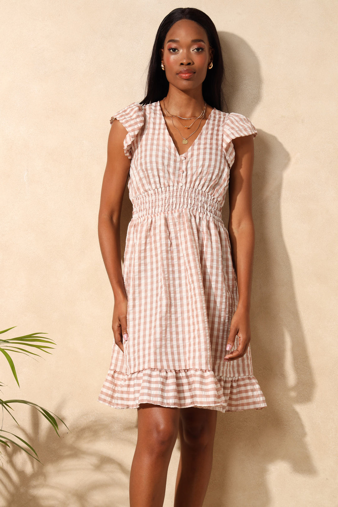 V-Neck Flutter Sleeve Shirred Waist Gingham Mini Dress - Stone/White
