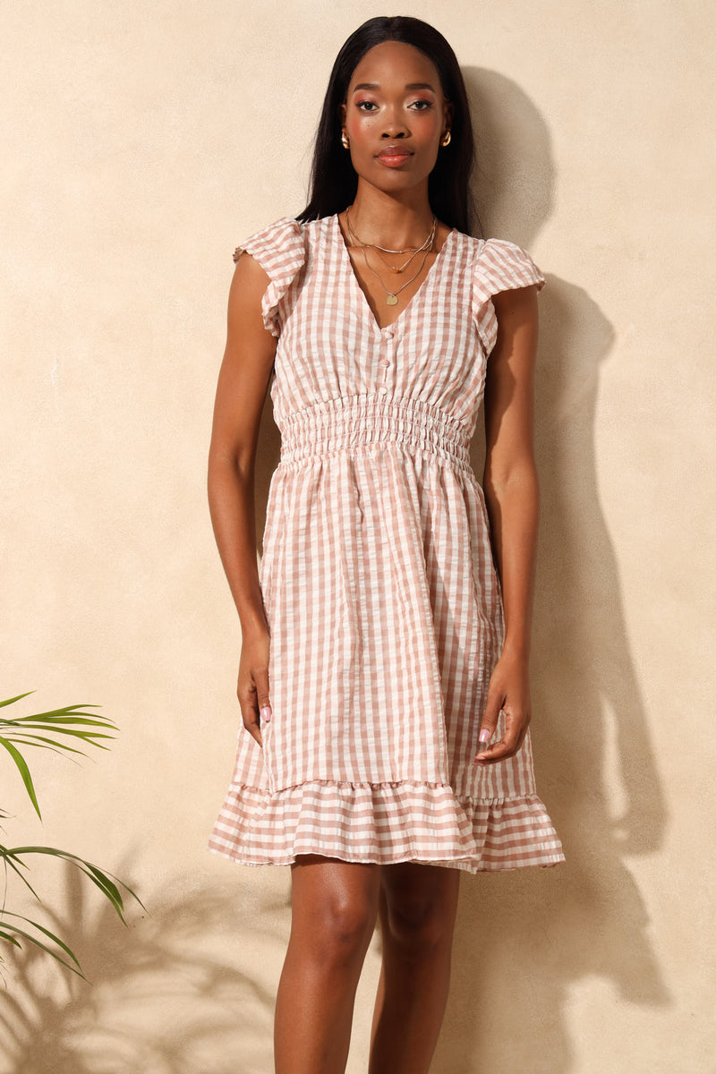 V-Neck Flutter Sleeve Shirred Waist Gingham Mini Dress - Stone/White