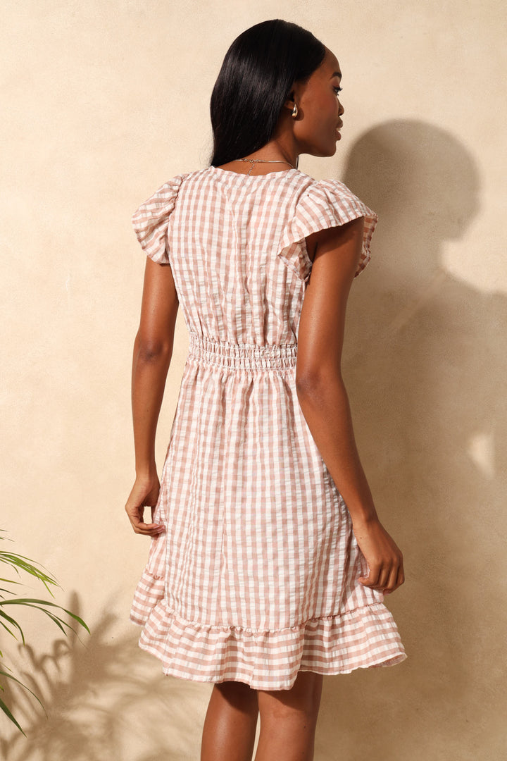 V-Neck Flutter Sleeve Shirred Waist Gingham Mini Dress - Stone/White