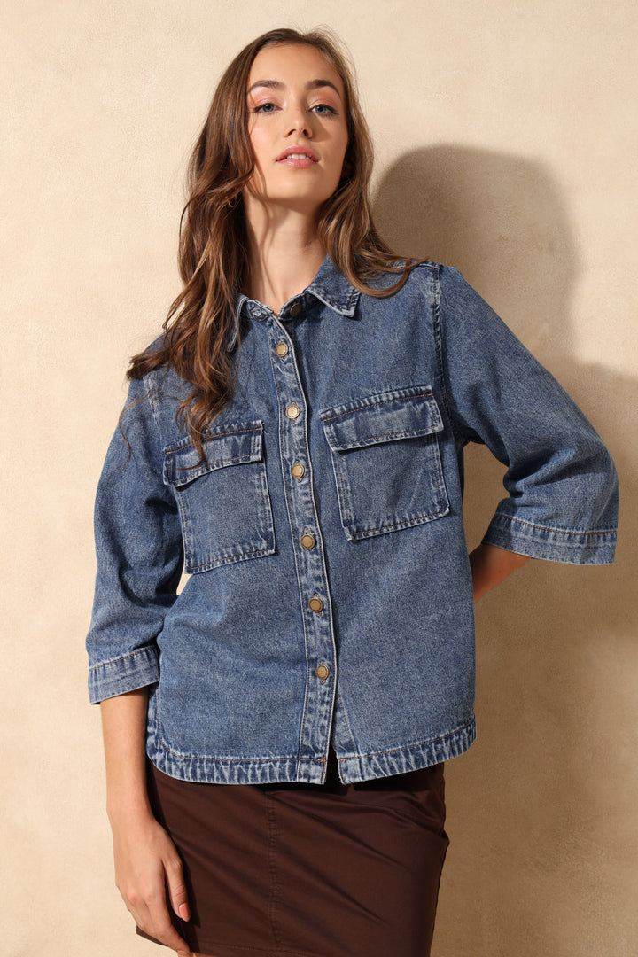 3/4 Sleeve Curved Hem Denim Shirt - Medium Wash