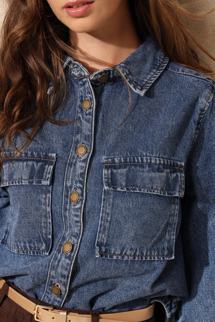 3/4 Sleeve Curved Hem Denim Shirt - Medium Wash