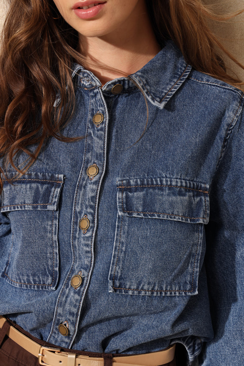3/4 Sleeve Curved Hem Denim Shirt - Medium Wash