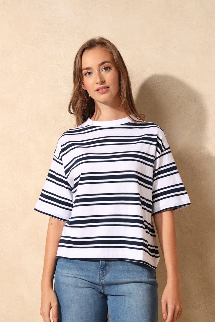 Rib Neck Drop Shoulder Stripe Boxy Tee - Navy/White