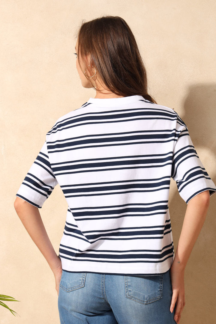 Rib Neck Drop Shoulder Stripe Boxy Tee - Navy/White