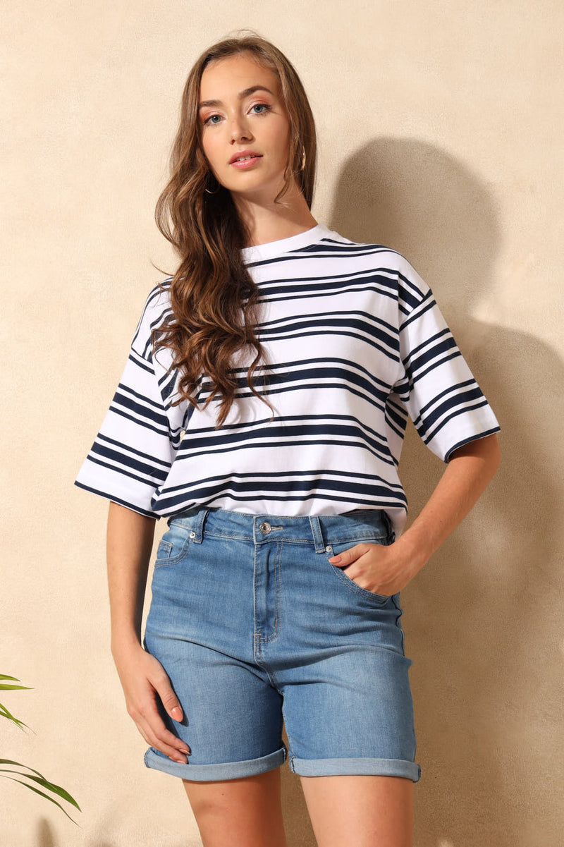 Rib Neck Drop Shoulder Stripe Boxy Tee - Navy/White