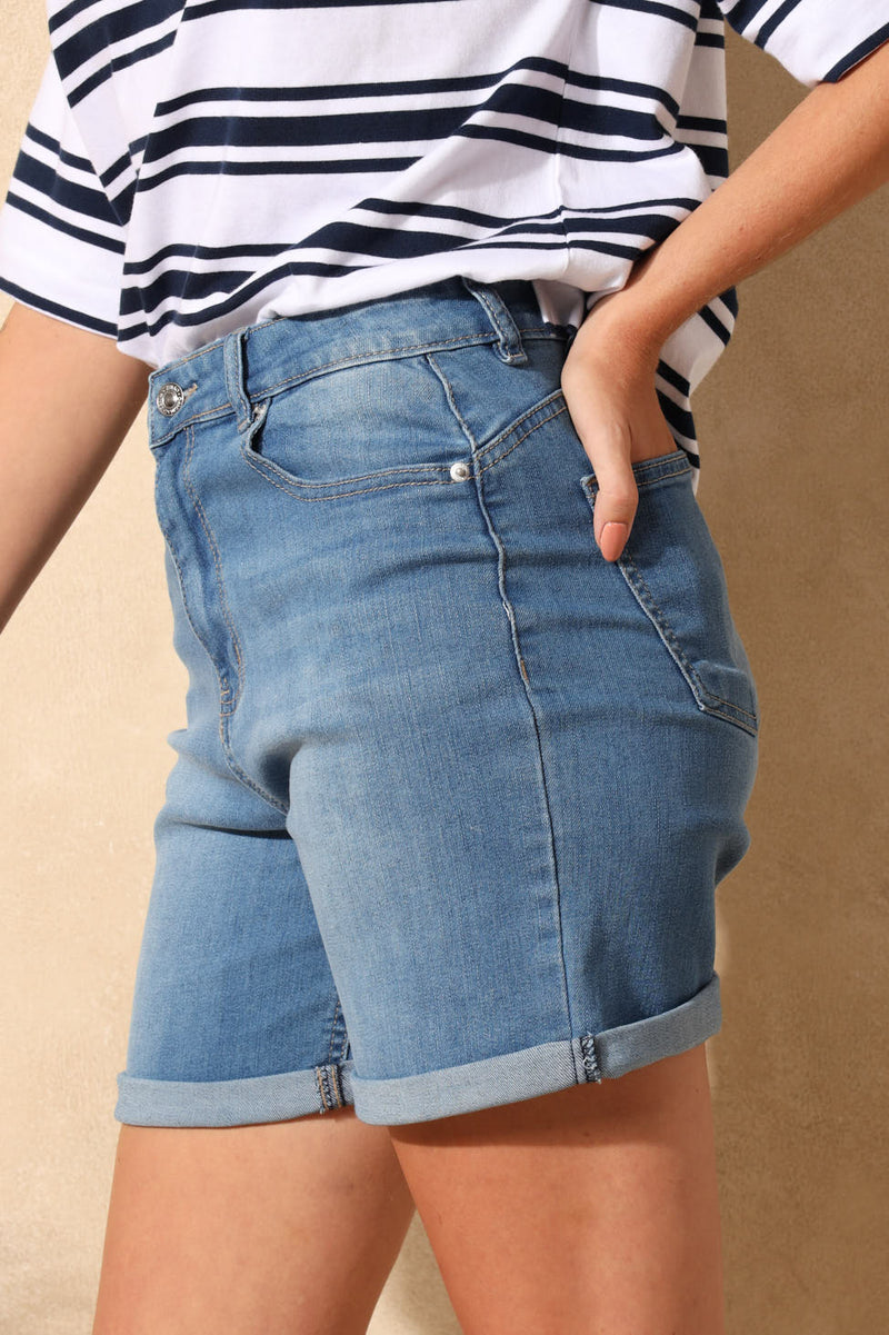 Classic Roll Hem Supersoft Denim Mid Thigh Short - Light Wash