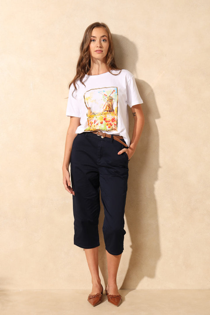 Belted Sateen Chino Capri Shorts - Navy