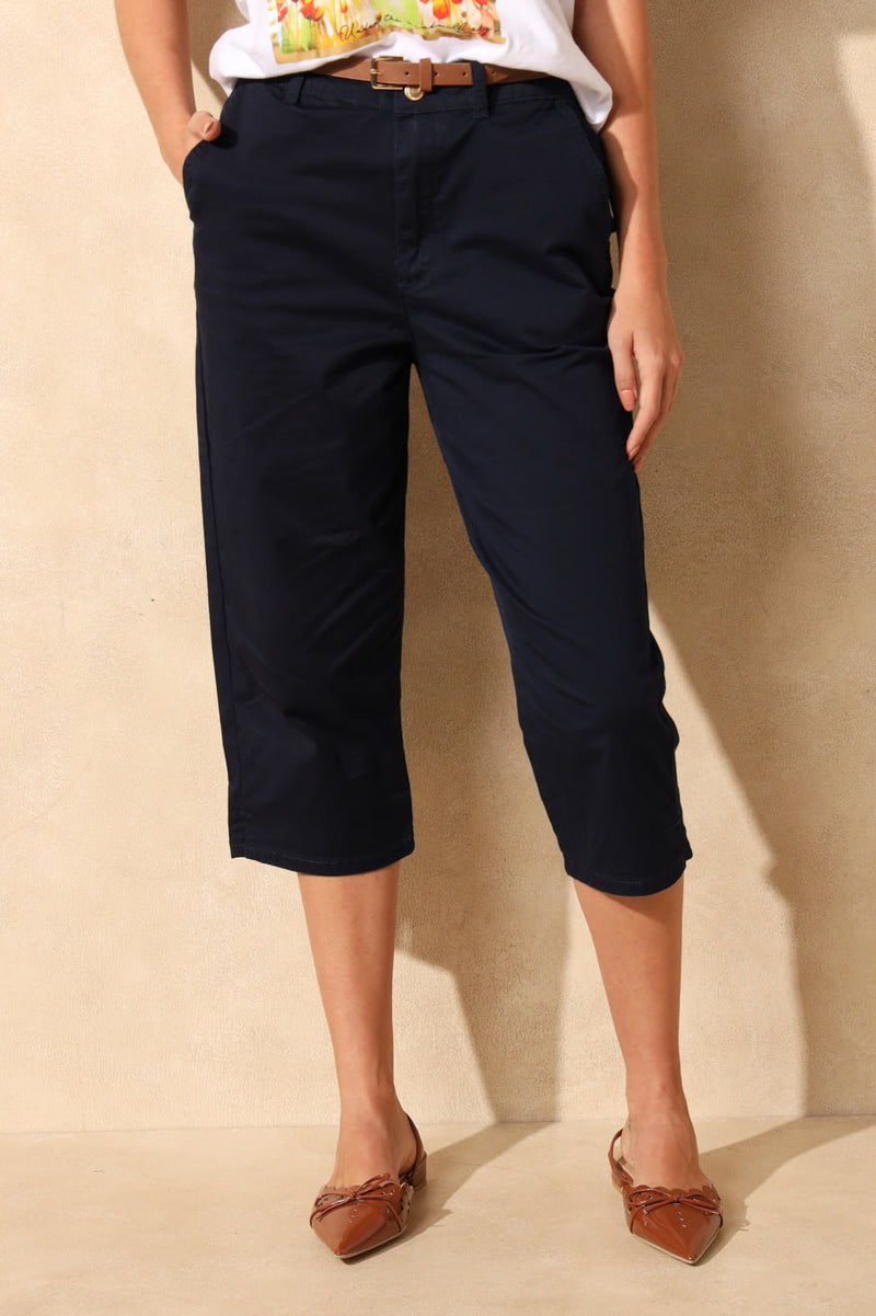 Belted Sateen Chino Capri Shorts - Navy