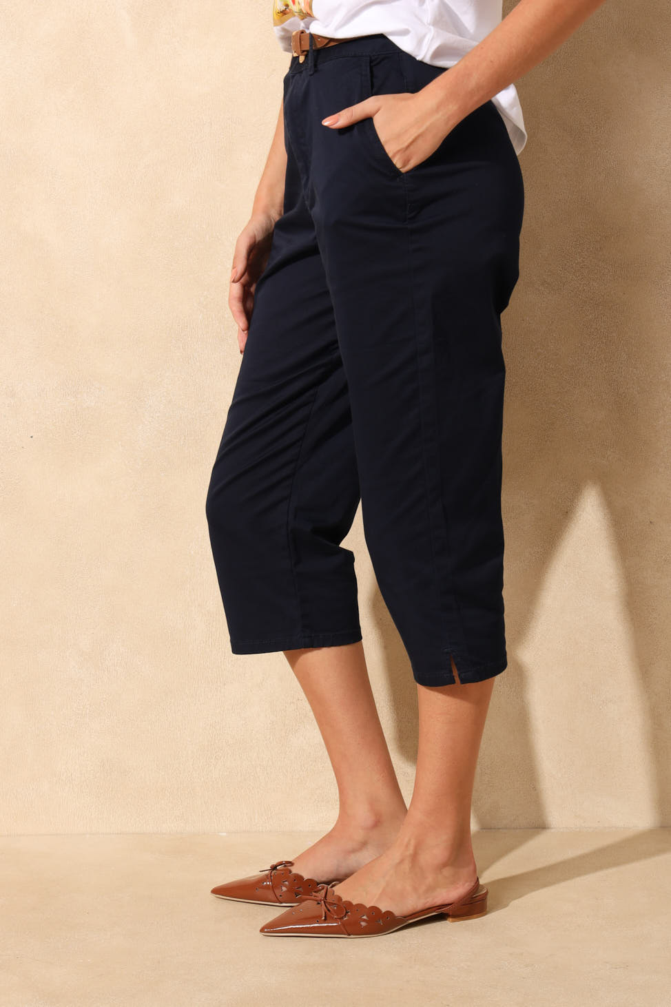 Belted Sateen Chino Capri Shorts - Navy