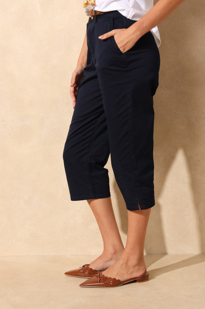 Belted Sateen Chino Capri Shorts - Navy
