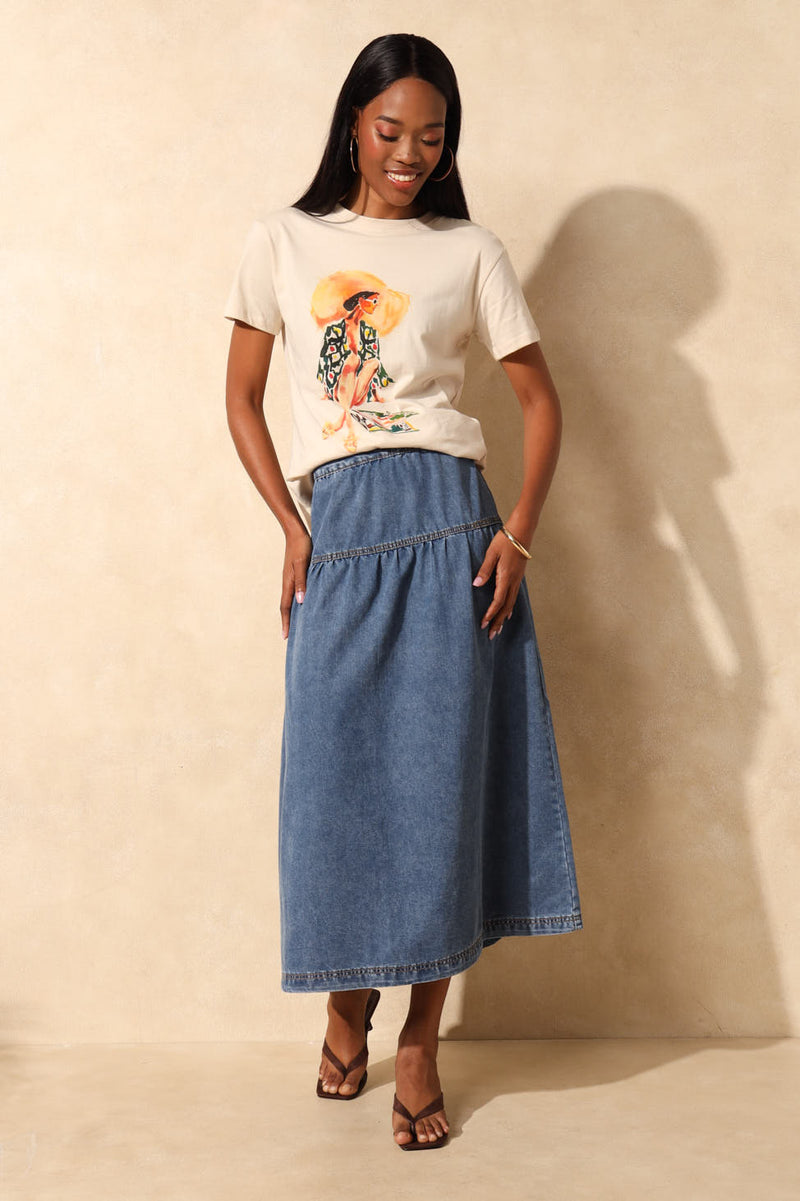 Basque Detail Denim Midi Skirt - Mid Wash
