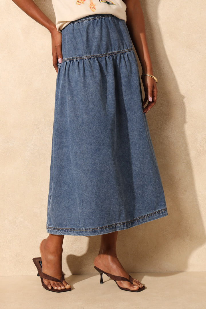 Basque Detail Denim Midi Skirt - Mid Wash