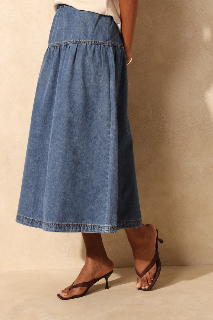 Basque Detail Denim Midi Skirt - Mid Wash
