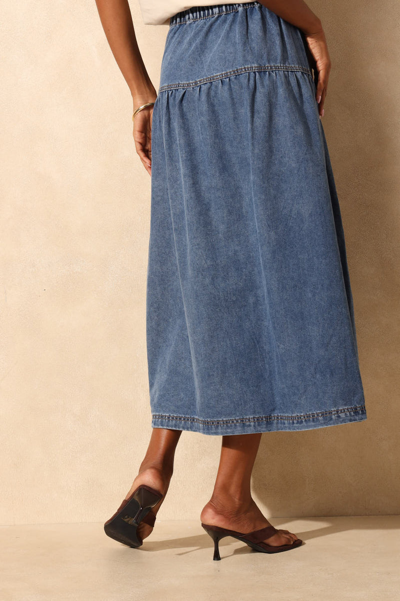 Basque Detail Denim Midi Skirt - Mid Wash