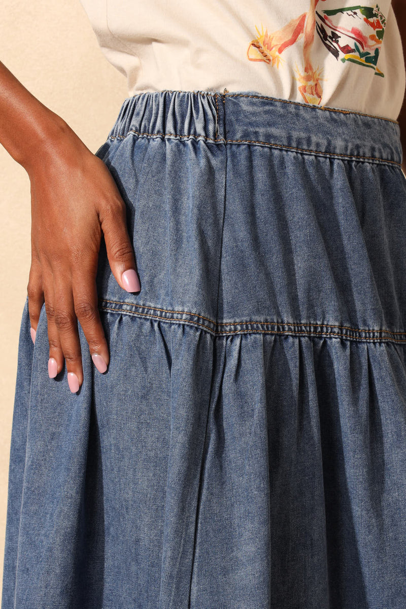 Basque Detail Denim Midi Skirt - Mid Wash