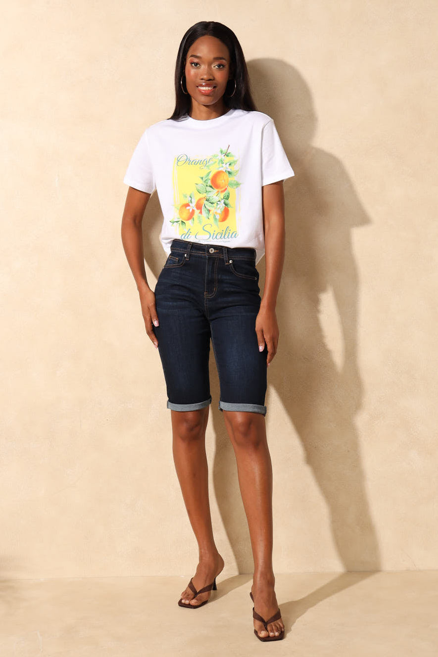 Classic Roll Hem Supersoft Denim Bermuda Short - Dark Wash