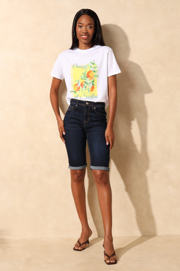 Classic Roll Hem Supersoft Denim Bermuda Short - Dark Wash
