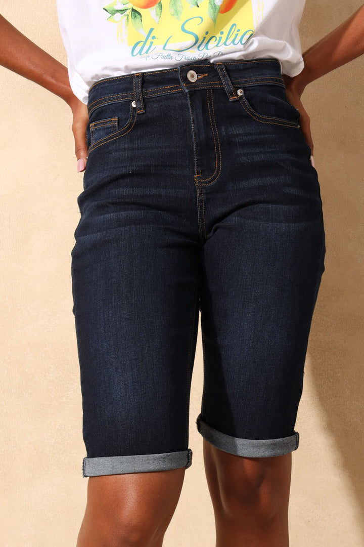 Classic Roll Hem Supersoft Denim Bermuda Short - Dark Wash