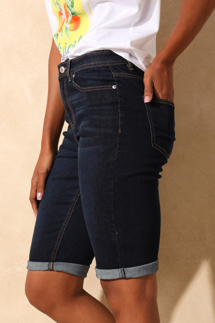 Classic Roll Hem Supersoft Denim Bermuda Short - Dark Wash