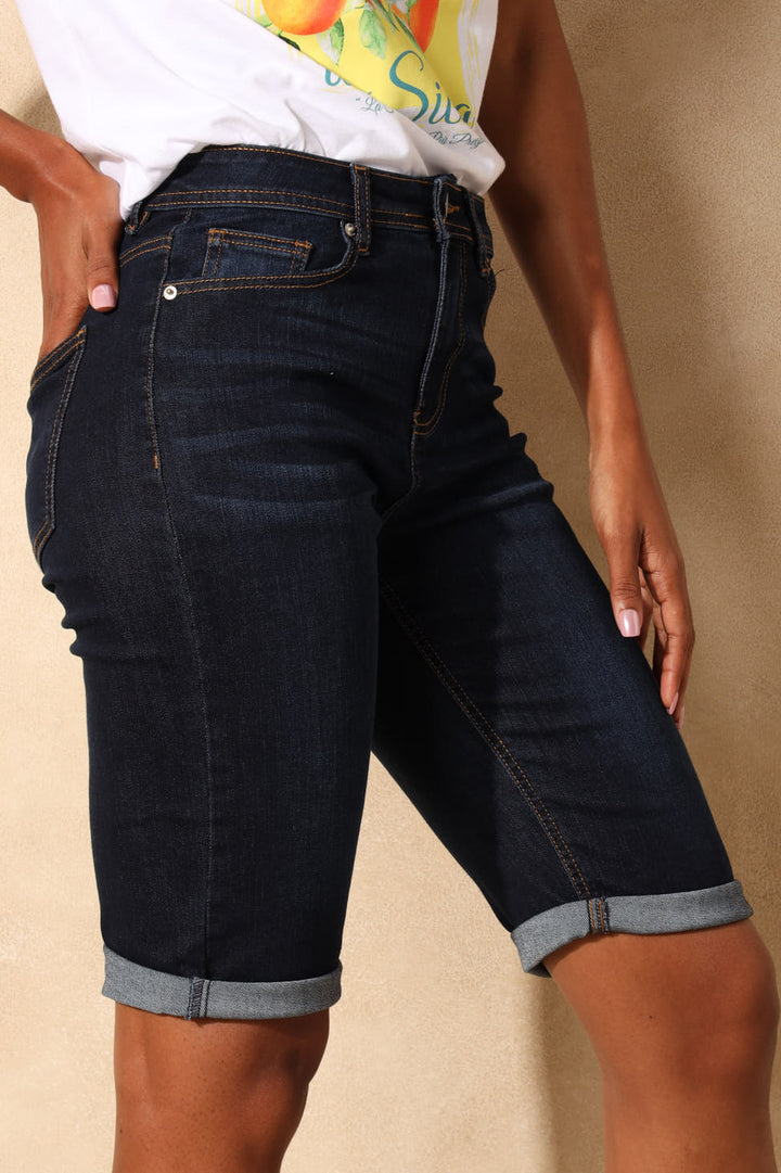 Classic Roll Hem Supersoft Denim Bermuda Short - Dark Wash
