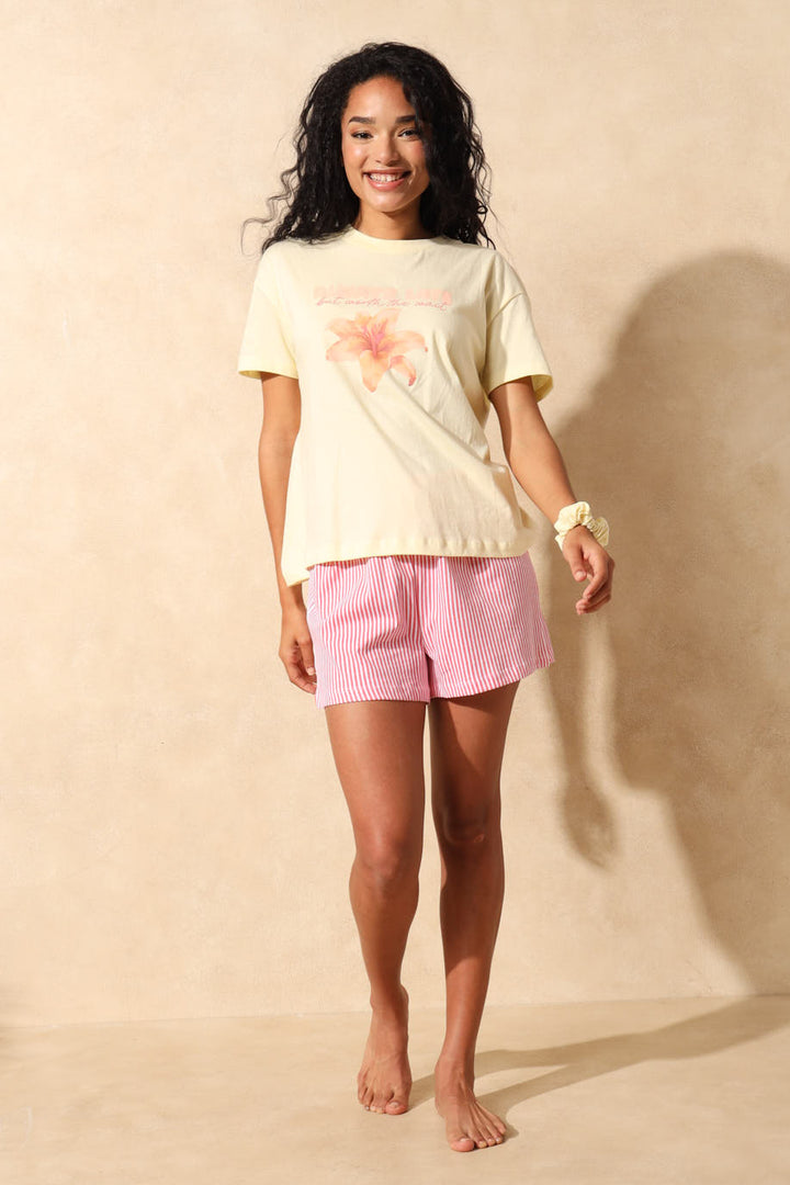 Always Late Sleep Tee & Short Set With Scrunchie - Light Yellow