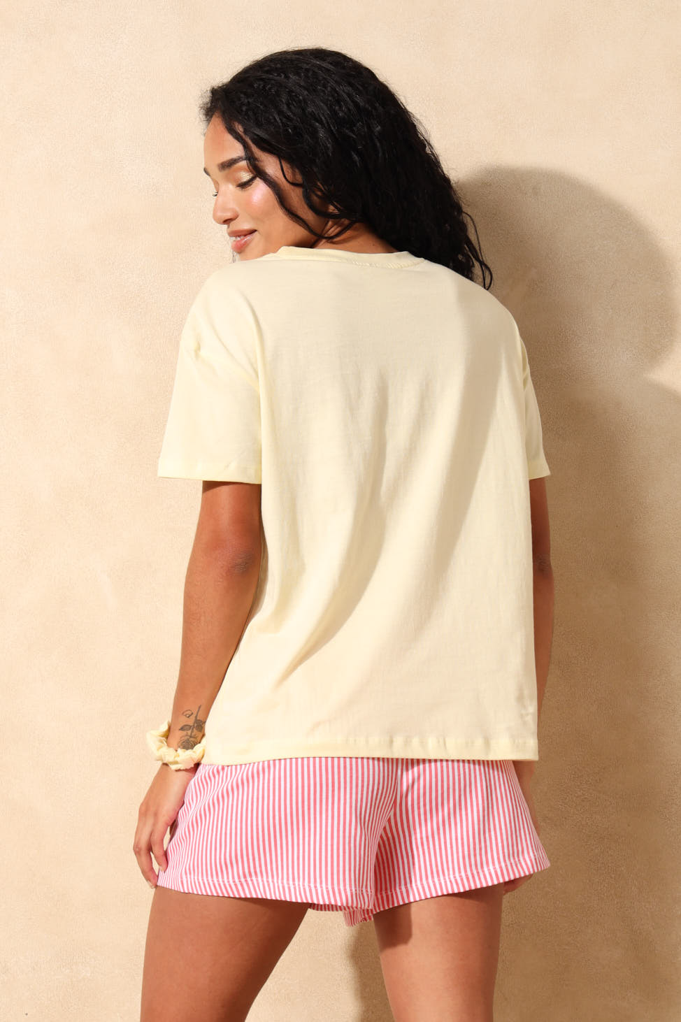 Always Late Sleep Tee & Short Set With Scrunchie - Light Yellow