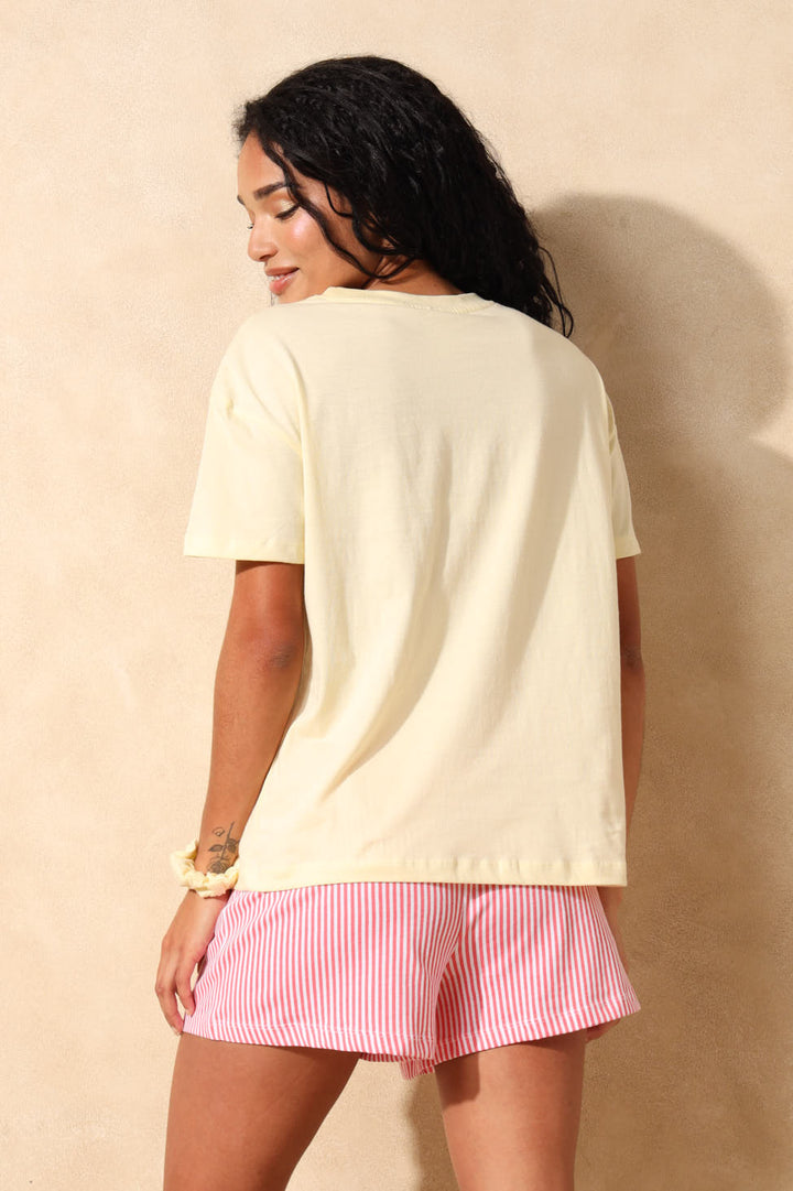 Always Late Sleep Tee & Short Set With Scrunchie - Light Yellow