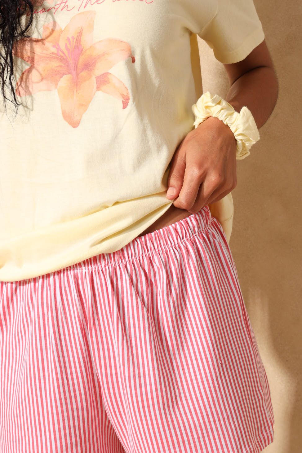 Always Late Sleep Tee & Short Set With Scrunchie - Light Yellow
