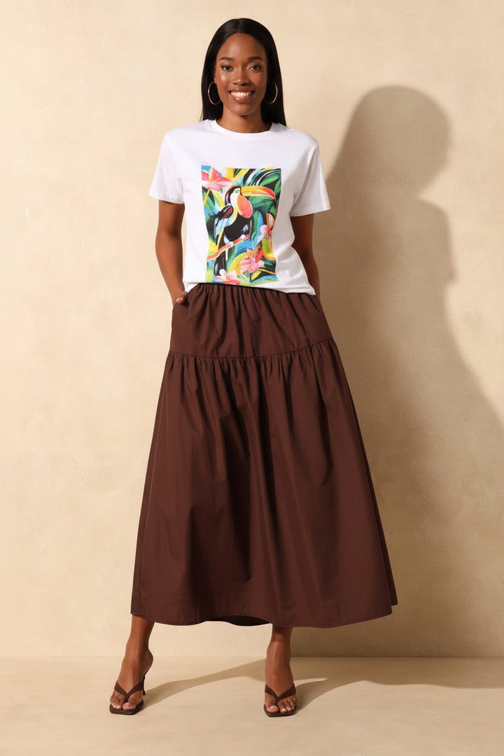 Pull On Poplin Flare Midi Tiered Skirt - Dark Chocolate