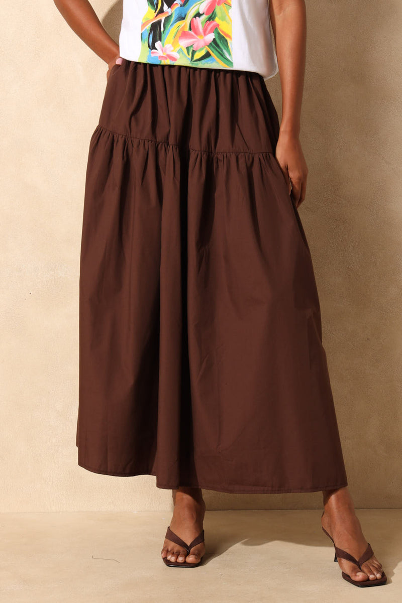 Pull On Poplin Flare Midi Tiered Skirt - Dark Chocolate
