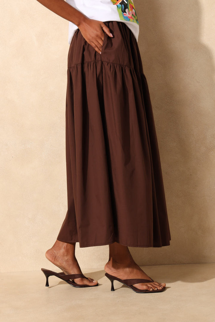Pull On Poplin Flare Midi Tiered Skirt - Dark Chocolate