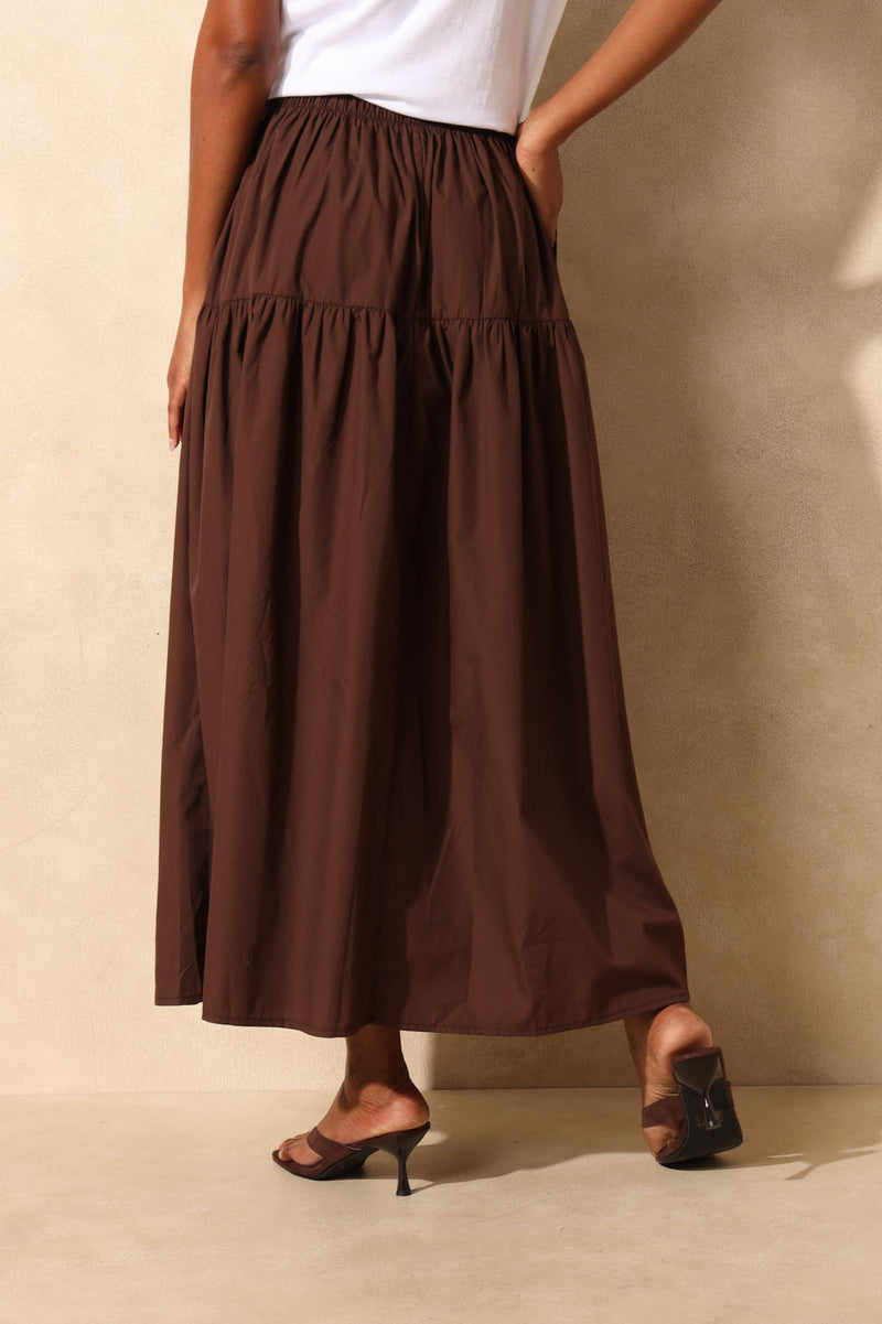 Pull On Poplin Flare Midi Tiered Skirt - Dark Chocolate