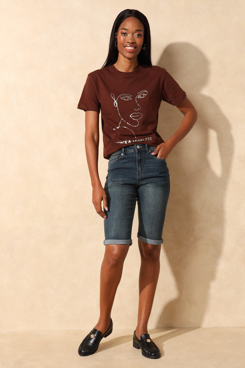Classic Roll Hem Supersoft Denim Bermuda Short - Dark Tea Stain