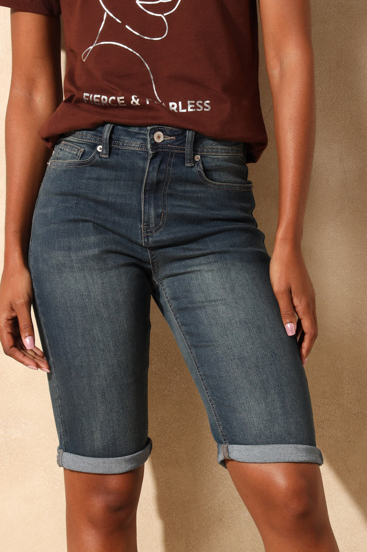 Classic Roll Hem Supersoft Denim Bermuda Short - Dark Tea Stain