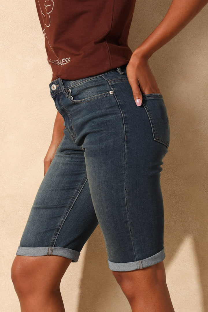 Classic Roll Hem Supersoft Denim Bermuda Short - Dark Tea Stain
