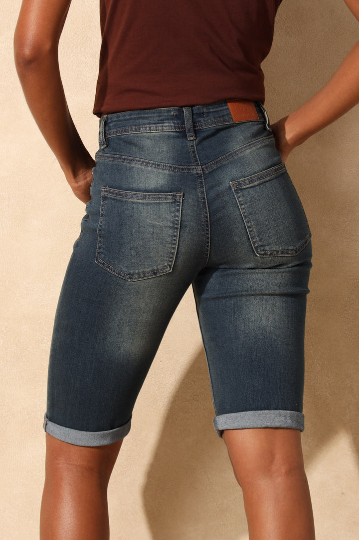Classic Roll Hem Supersoft Denim Bermuda Short - Dark Tea Stain