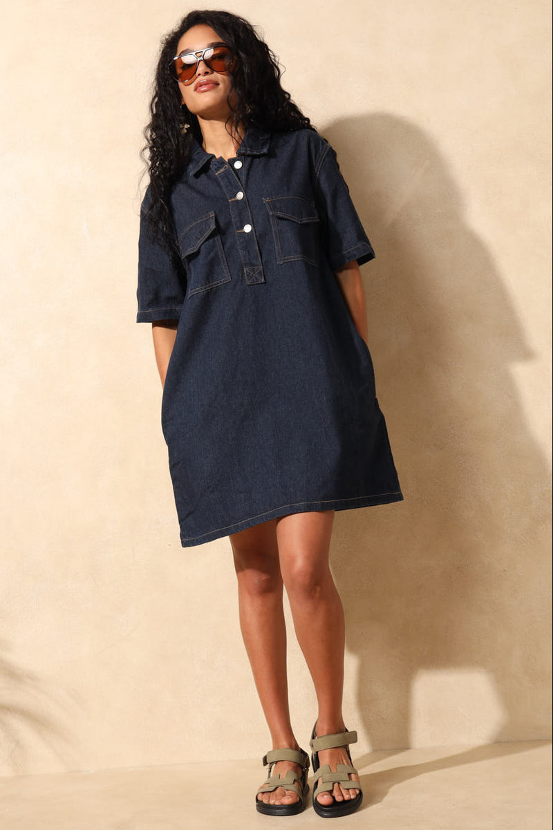 Collar Denim Dress - Raw Wash