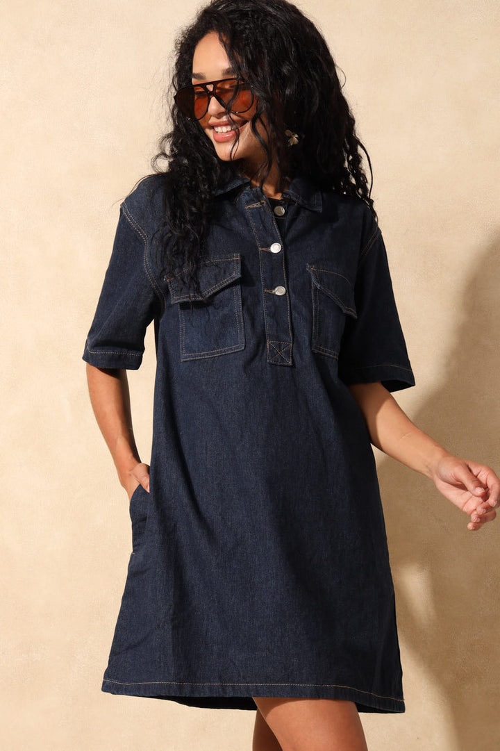 Collar Denim Dress - Raw Wash