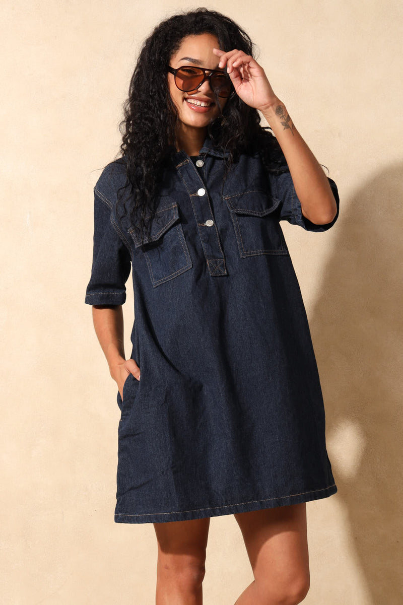 Collar Denim Dress - Raw Wash