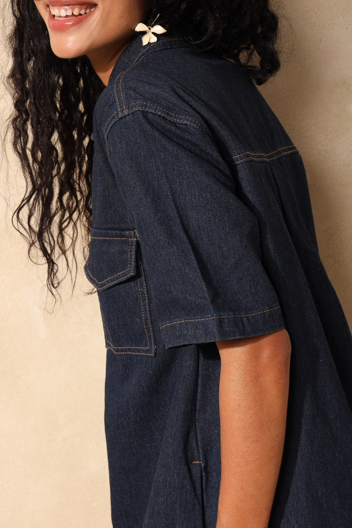 Collar Denim Dress - Raw Wash