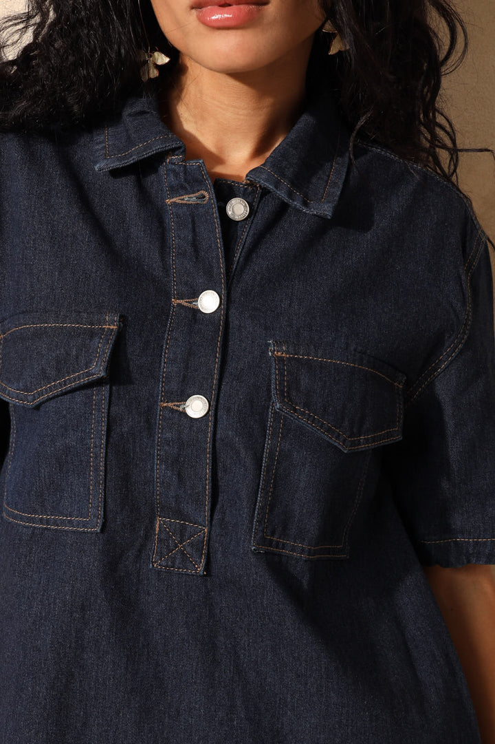 Collar Denim Dress - Raw Wash