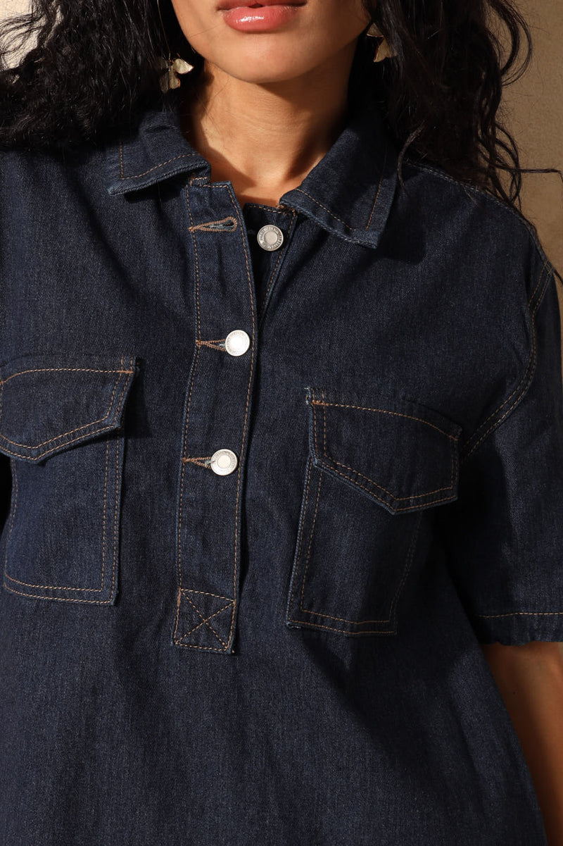 Collar Denim Dress - Raw Wash